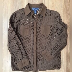 Susan Graver Style Long Sleeve Black Eyelet Blouse Button Up